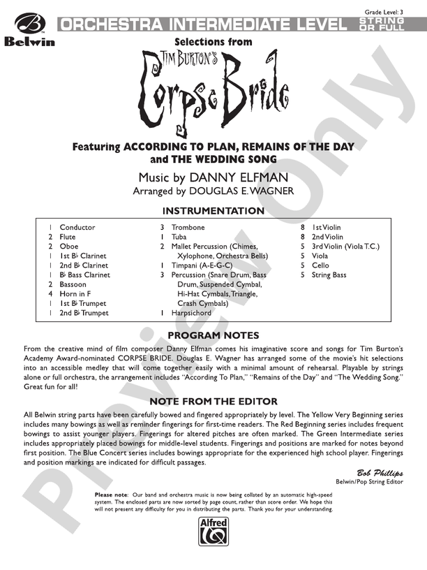 Corpse Bride, Selections from Tim Burton's – Full Orchestra Conductor Score & Parts (Digital Download)