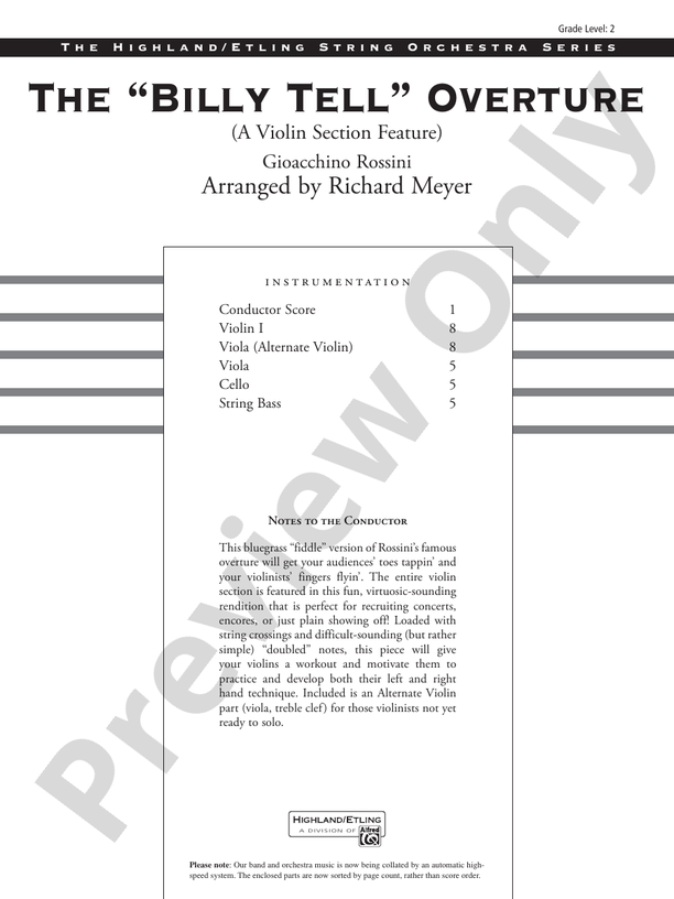 The "Billy Tell" Overture – String Orchestra Conductor Score & Parts (Digital Download)