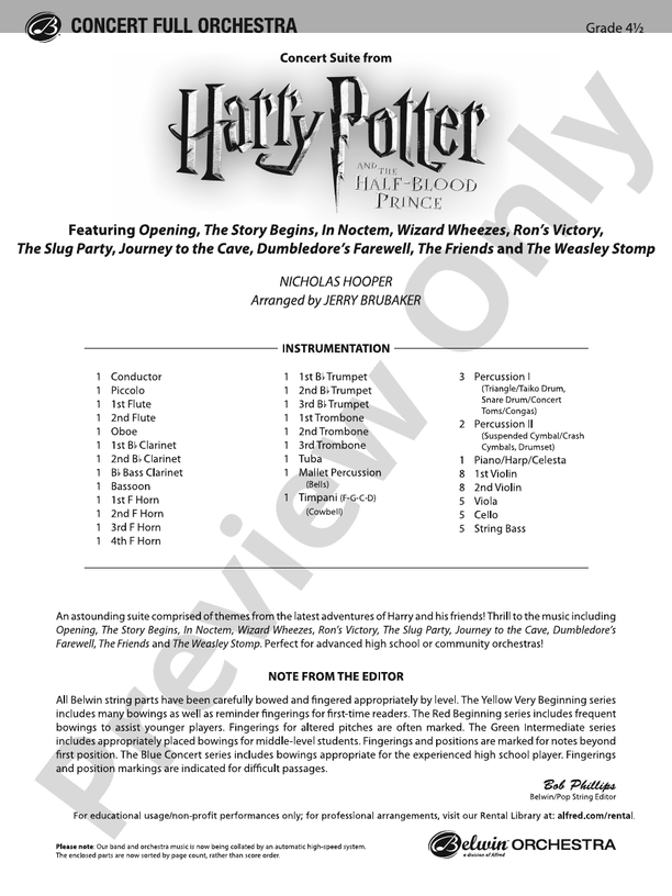 Harry Potter and the Half-Blood Prince, Concert Suite from – Full Orchestra Conductor Score & Parts (Digital Download)