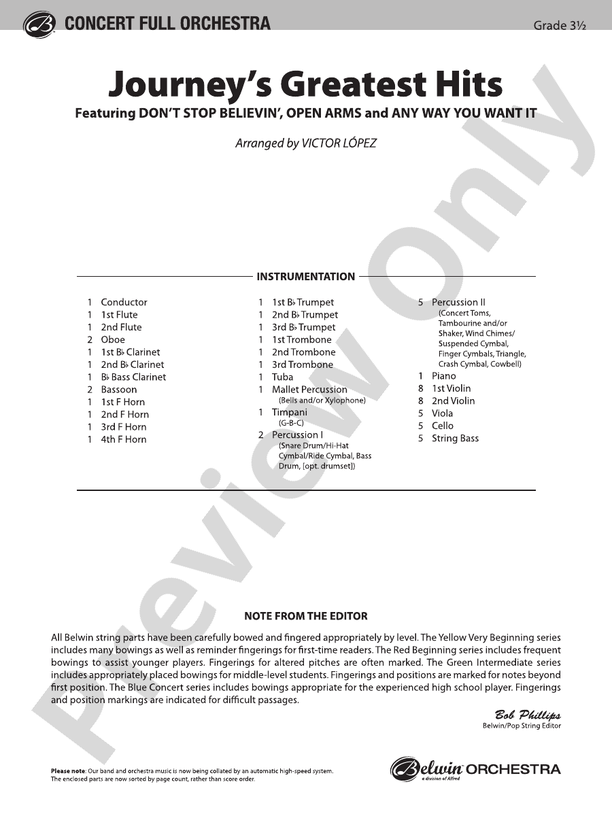 Journey's Greatest Hits – Full Orchestra Conductor Score & Parts (Digital Download)