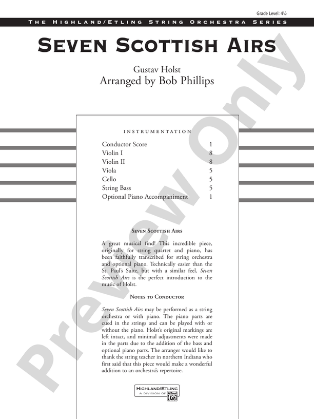 Seven Scottish Airs – String Orchestra Conductor Score & Parts (Digital Download)