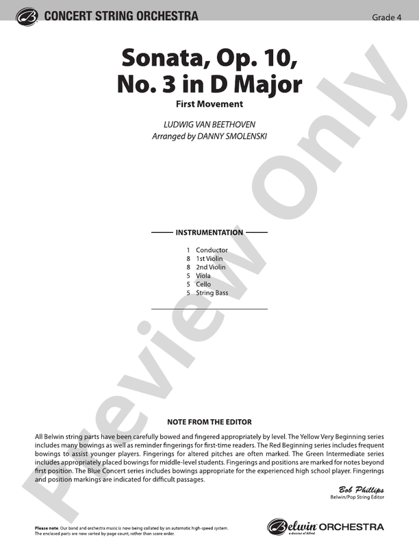 Sonata, Op. 10, No. 3 – String Orchestra Conductor Score & Parts (Digital Download)