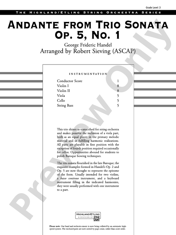 Andante from Trio Sonata Op. 5, No. 1 – String Orchestra Conductor Score & Parts (Digital Download)