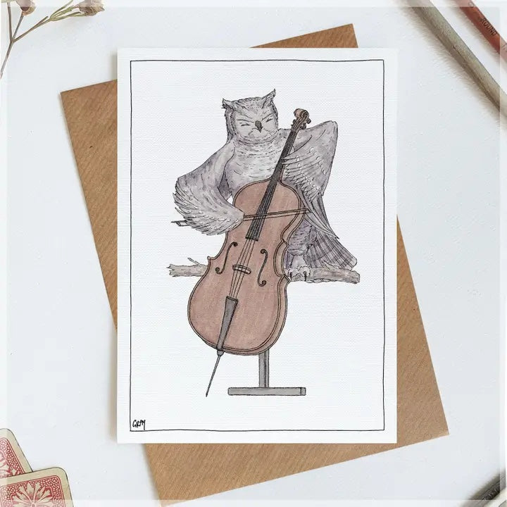 Greeting Card an Owl Playing the Cello