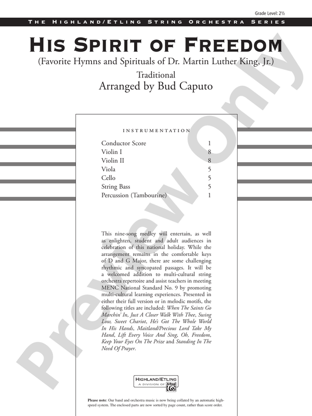 His Spirit of Freedom (Favorite Hymns and Spirituals of Dr. Martin Luther King, Jr.) – String Orchestra Conductor Score & Parts (Digital Download)
