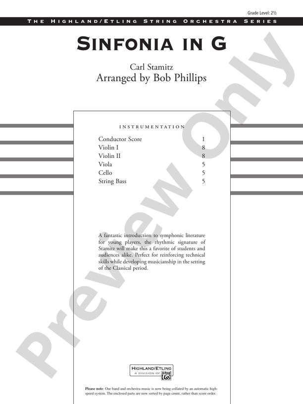 Sinfonia in G (Grade 2.5) – Highland/Etling String Orchestra Conductor Score & Parts (Digital Download)