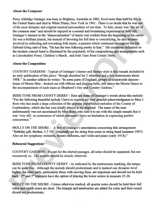 A Percy Grainger Suite - Concert Band Conductor Score & Parts (Digital Download)