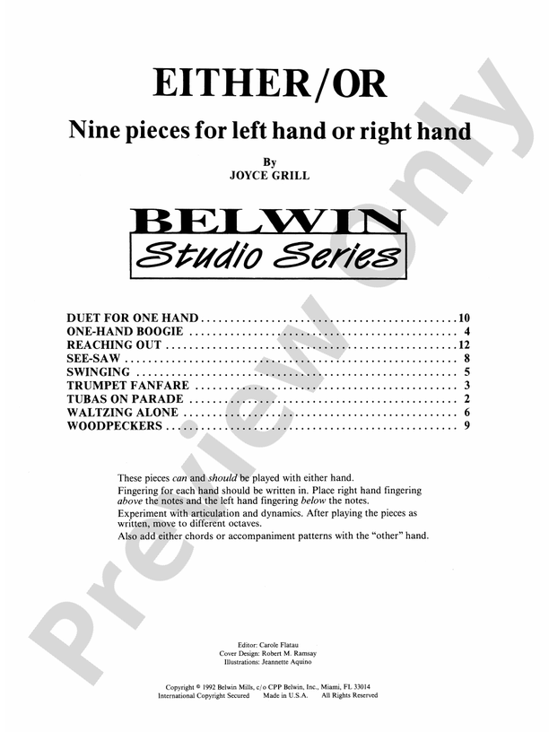 Either/Or: Nine pieces for left hand or right hand - Piano Solo (Digital Download