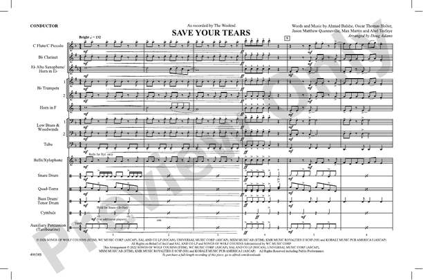 Save Your Tears – Marching Band Conductor Score & Parts (Digital Download)