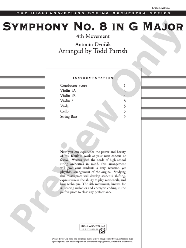 Symphony No. 8 in G Major – String Orchestra Conductor Score & Parts (Digital Download)