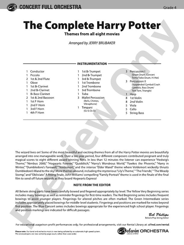 The Complete Harry Potter – Full Orchestra Conductor Score & Parts (Digital Download)