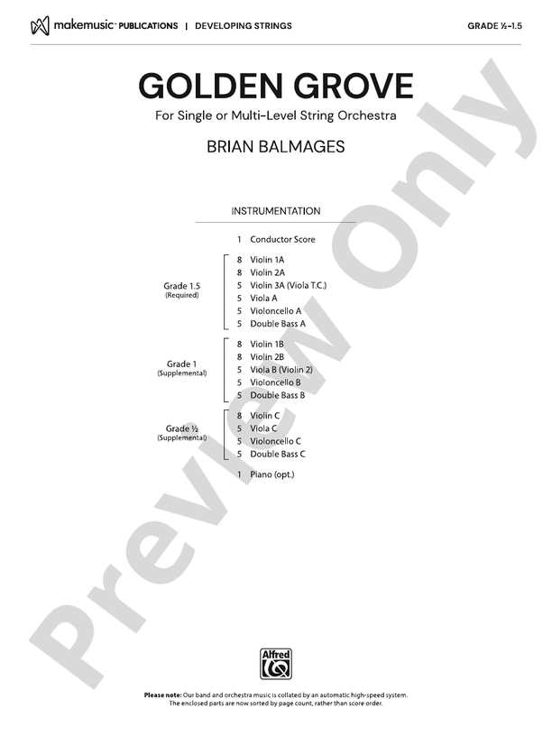 Golden Grove – String Orchestra Conductor Score & Parts (Digital Download)