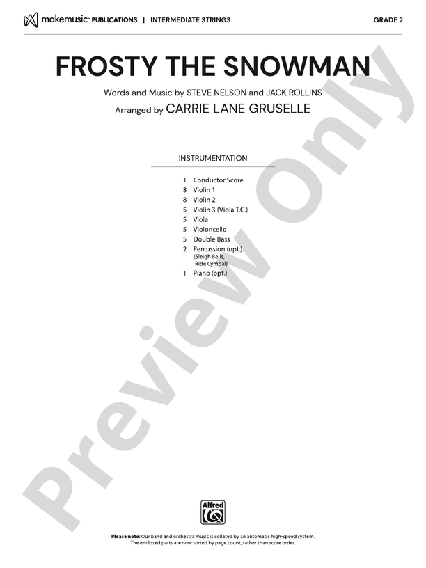Frosty the Snowman – String Orchestra Conductor Score & Parts (Digital Download)