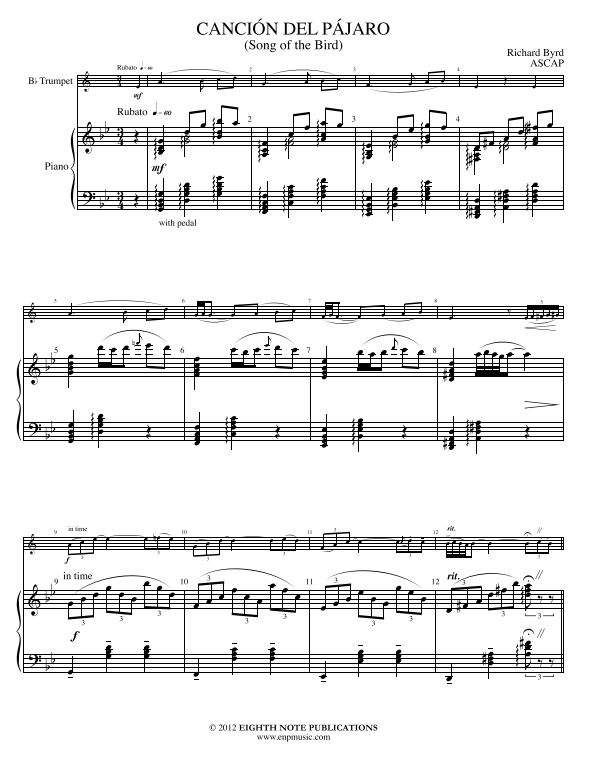 Cancion del Pajaro (Song of Bird) -Trumpet/Piano - Byrd