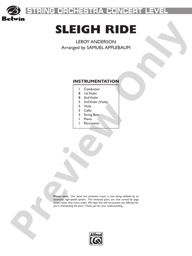 Sleigh Ride (Grade 3.5) – String Orchestra Conductor Score & Parts (Digital Download)