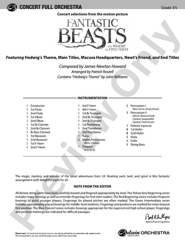 Fantastic Beasts and Where to Find Them – Full Orchestra Conductor Score & Parts (Digital Download)