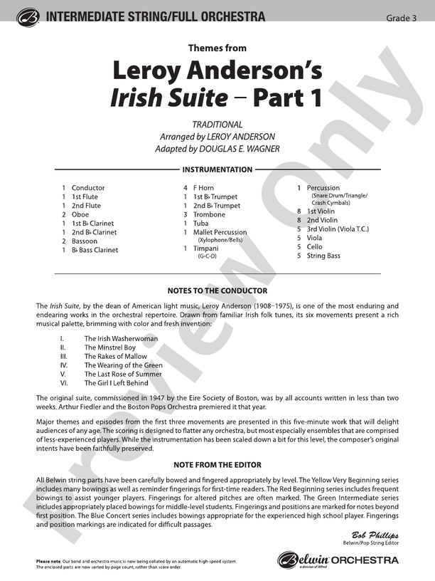 Leroy Anderson's Irish Suite, Part 1 (Themes from) – Full Orchestra Conductor Score & Parts (Digital Download)