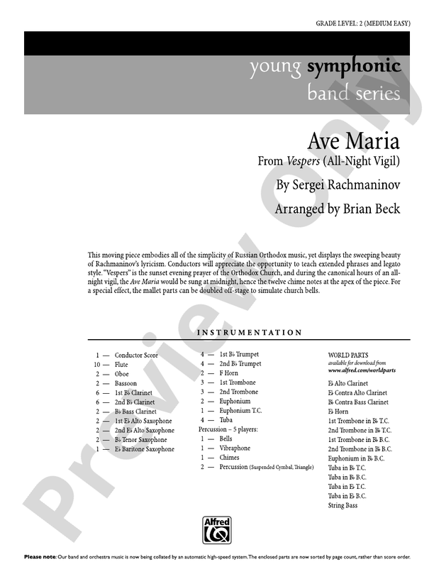 Ave Maria - Concert Band Conductor Score & Parts (Digital Download)