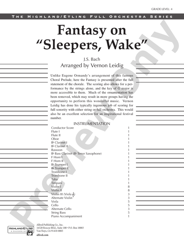 Fantasy on "Sleepers, Wake" – Full Orchestra Conductor Score & Parts (Digital Download)