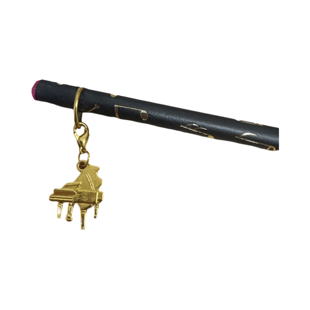 Black Pencil with Gold Embossed Notes and Clefs and a Gold Grand Piano Charm