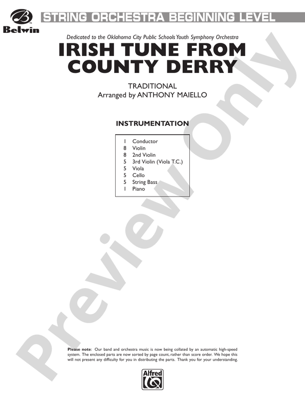 Irish Tune from County Derry (Grade 1) – String Orchestra Conductor Score & Parts (Digital Download)