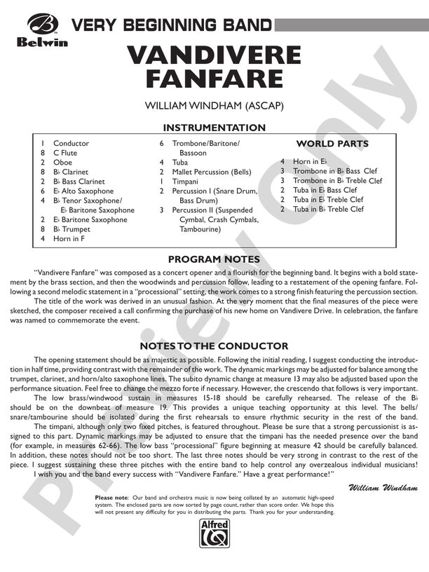 Vandivere Fanfare - Concert Band Conductor Score & Parts (Digital Download)