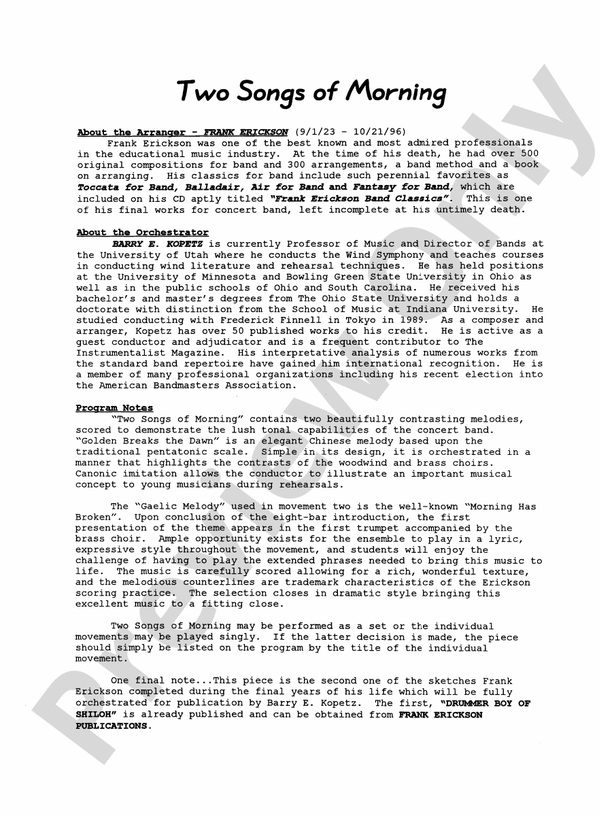 Two Songs of Morning - Concert Band Conductor Score & Parts (Digital Download)