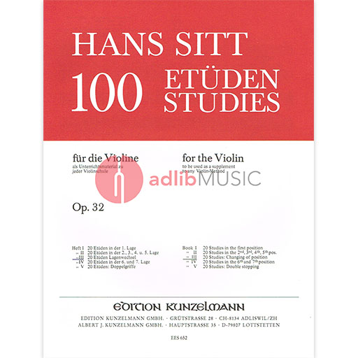 Sitt - 100 Etudes Op32 Volume 3 - Violin Solo Kunzelmann EES652