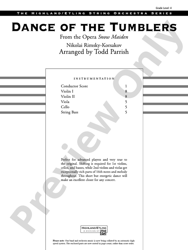 Dance of the Tumblers (from the Opera Snow Maiden) – String Orchestra Conductor Score & Parts (Digital Download)