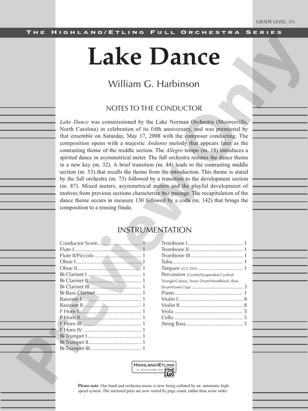Lake Dance – Full Orchestra Conductor Score & Parts (Digital Download)