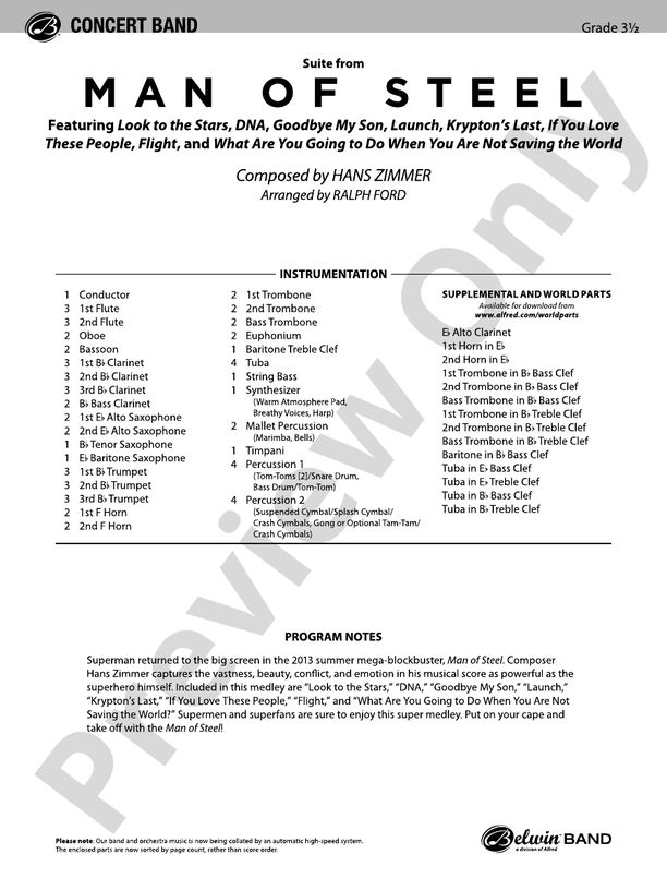 Man of Steel, Suite from - Concert Band Conductor Score & Parts (Digital Download)