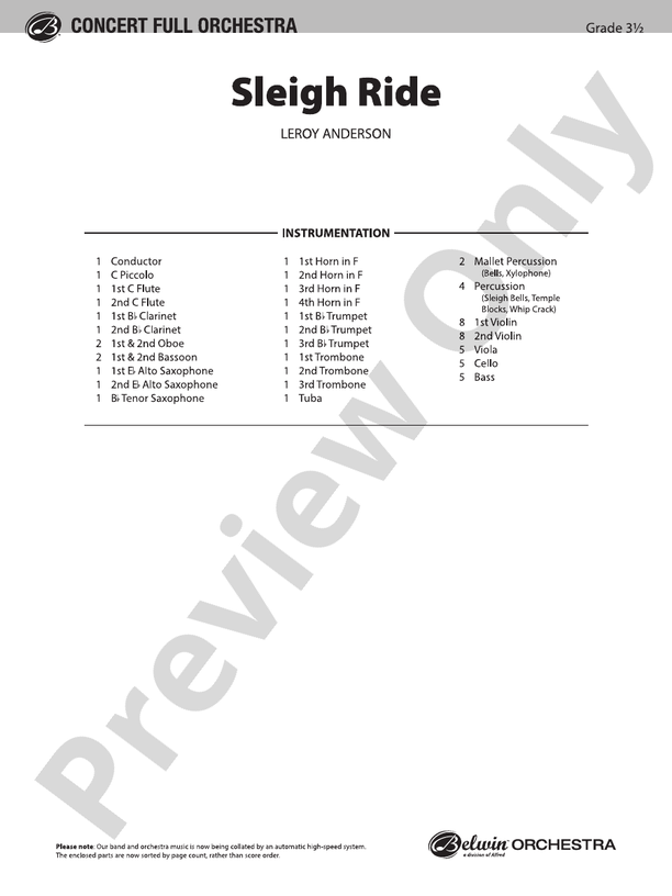Sleigh Ride (Grade 3.5) – Full Orchestra Conductor Score & Parts (Digital Download)