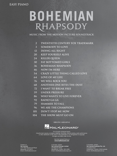 Bohemian Rhapsody Music From The Motion Picture Soundtrack - Easy Piano by Queen Hal Leonard 289629