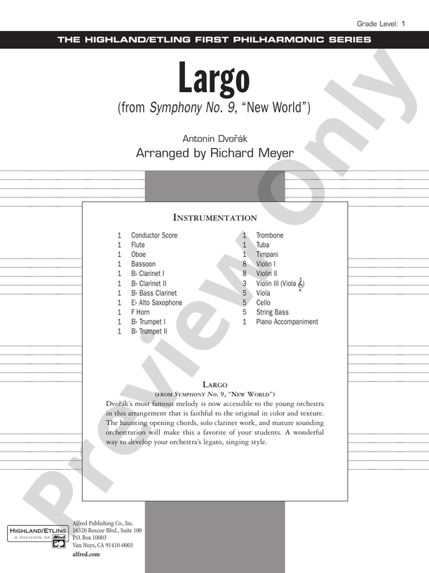 Largo from Symphony No. 9, "New World" – Full Orchestra Conductor Score & Parts (Digital Download)
