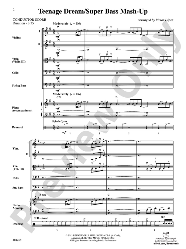 Teenage Dream / Super Bass Mash-Up - String Orchestra Conductor Score & Parts (Digital Download)
