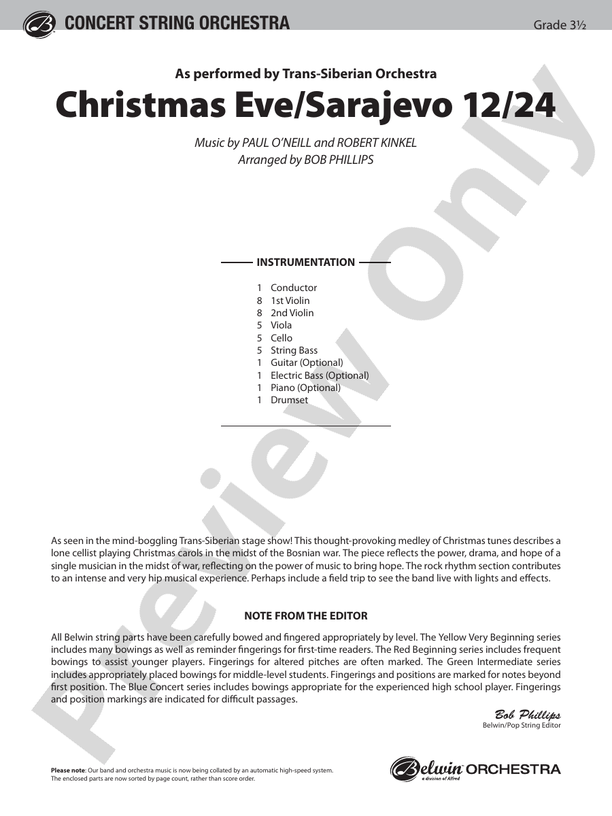 Christmas Eve/Sarajevo 12/24 – String Orchestra Conductor Score & Parts (Digital Download)