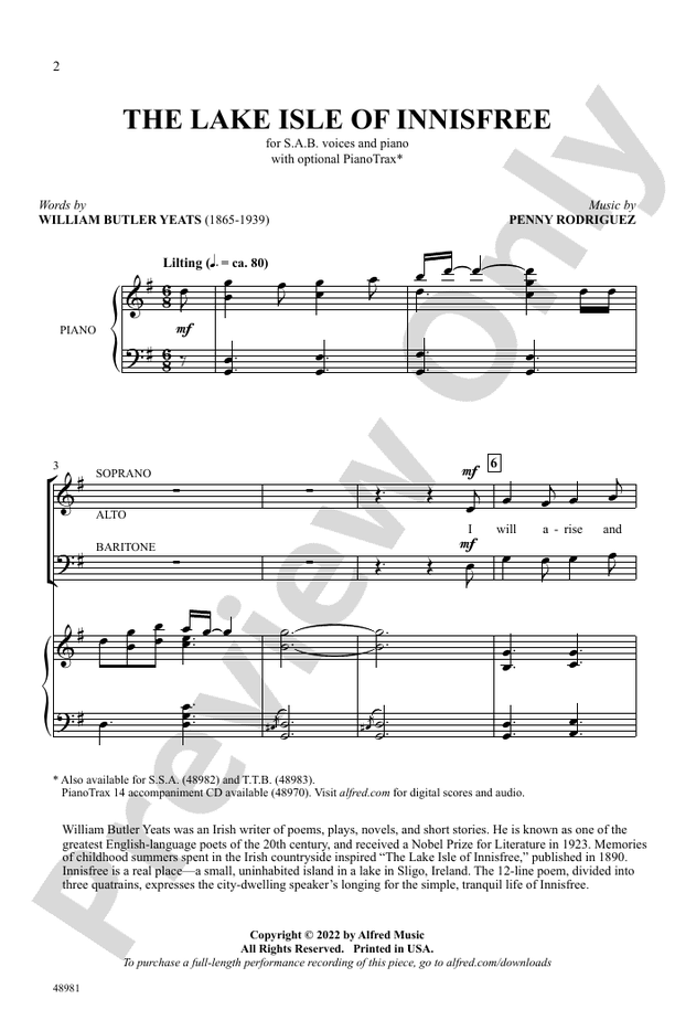 The Lake Isle of Innisfree - SAB Choral Octavo (Digital Download)