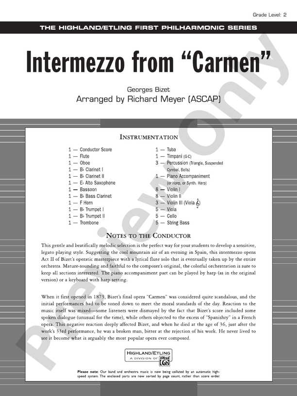 Intermezzo from Carmen – Full Orchestra Conductor Score & Parts (Digital Download)