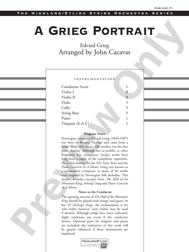 A Grieg Portrait – String Orchestra Conductor Score & Parts (Digital Download)