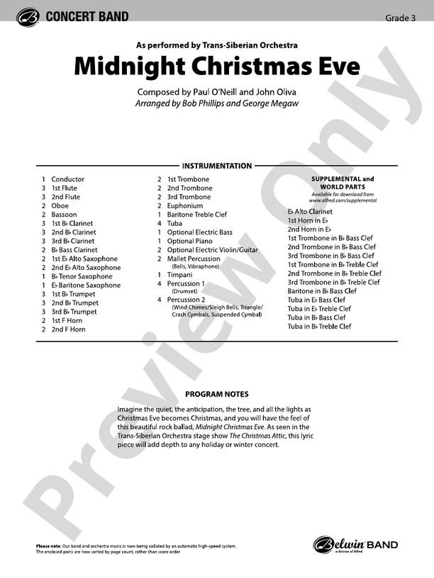 Midnight Christmas Eve - Concert Band Conductor Score & Parts (Digital Download)