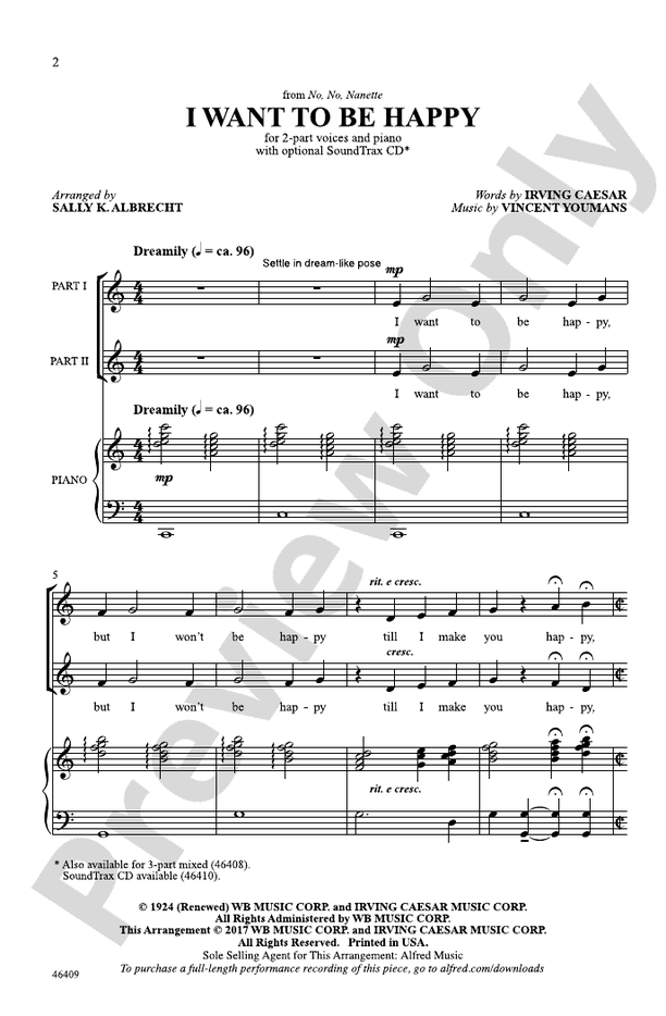 I Want to Be Happy - Arr. Sally K. Albrecht – 2-Part Choral Octavo (Digital Download)