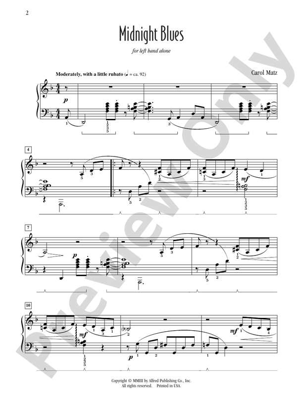 Midnight Blues (for left hand alone) - Piano Solo (Digital Download)