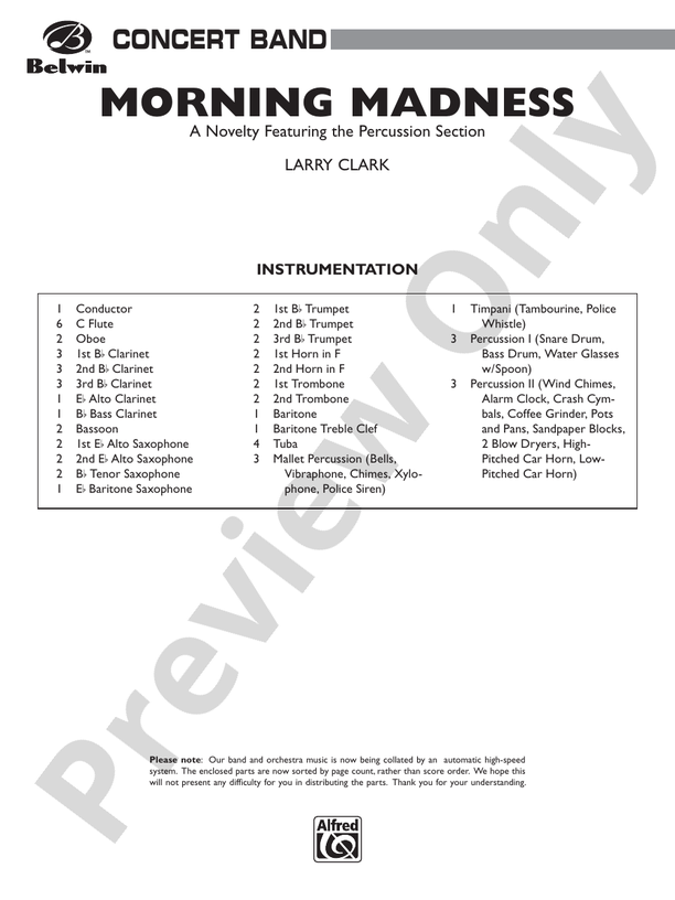 Morning Madness (a novelty featuring the Percussion Section) - Concert Band Conductor Score & Parts (Digital Download)