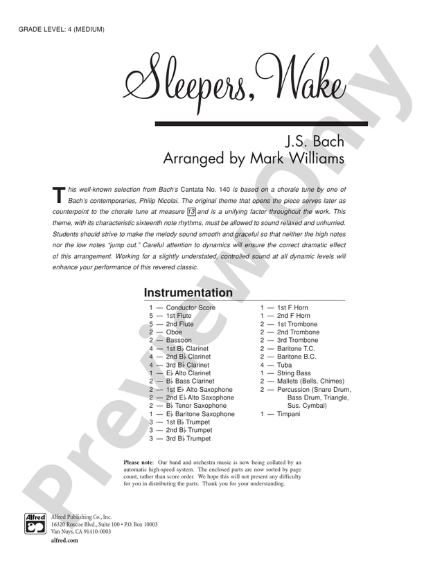 Sleepers Wake - Concert Band Conductor Score & Parts (Digital Download)