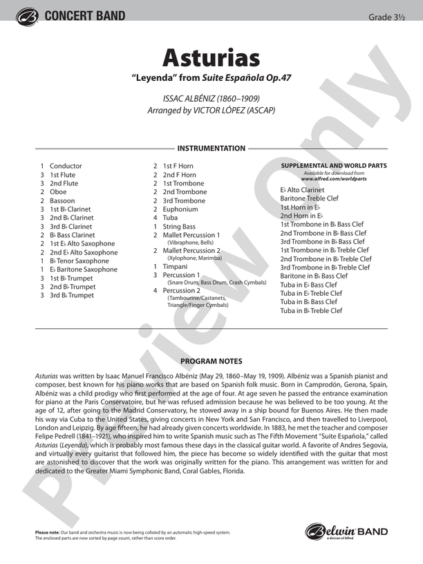 Asturias (Grade 3.5) - Concert Band Conductor Score & Parts (Digital Download)