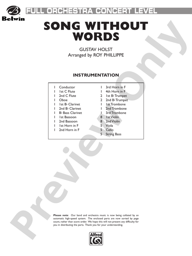 Song without Words – Full Orchestra Conductor Score & Parts (Digital Download)