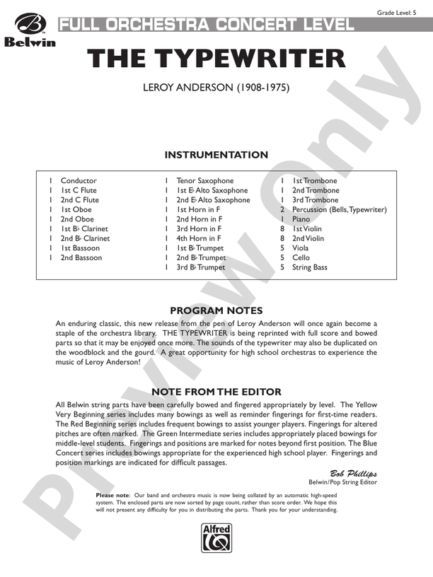The Typewriter – Full Orchestra Conductor Score & Parts (Digital Download)
