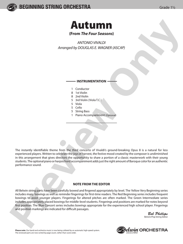 Autumn from The Four Seasons (Grade 1.5) – String Orchestra Conductor Score & Parts (Digital Download)