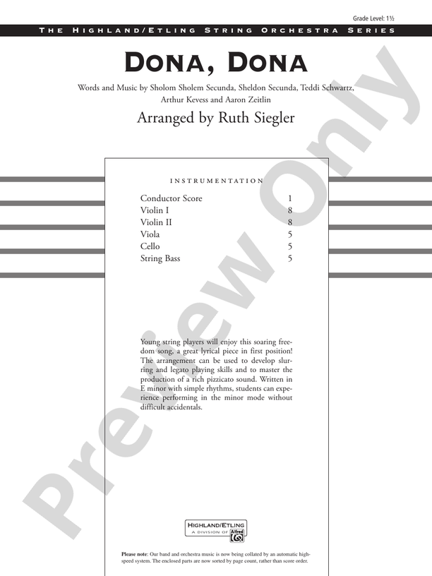 Dona Dona – String Orchestra Conductor Score & Parts (Digital Download)
