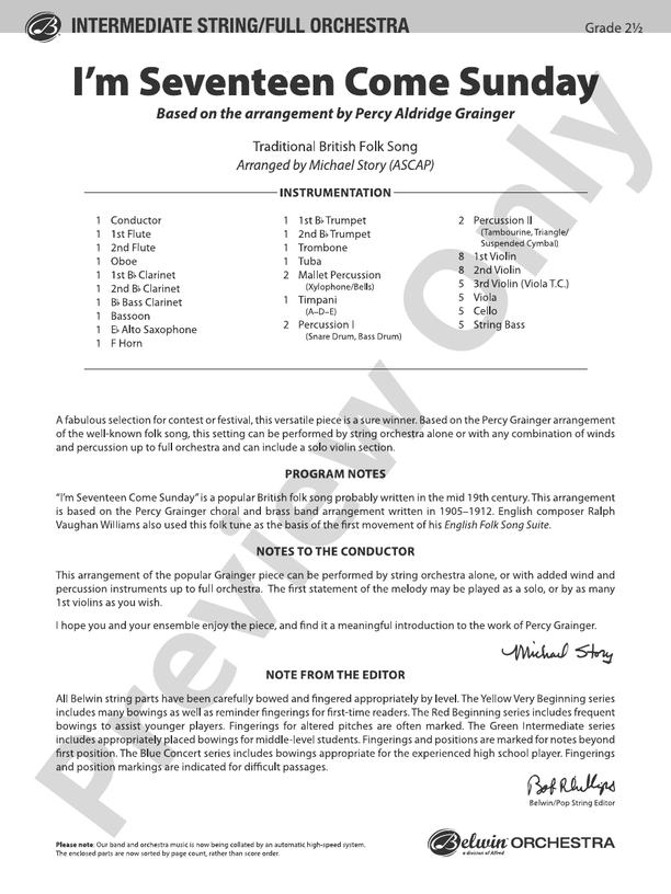 I'm Seventeen Come Sunday – Full Orchestra Conductor Score & Parts (Digital Download)